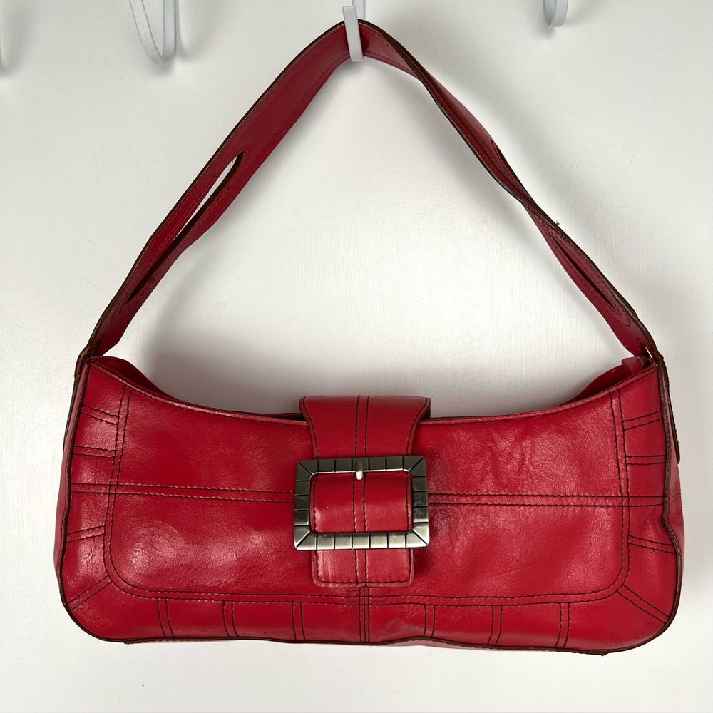Anne Klein Red Leather Mini Shoulder Bag with Buckle